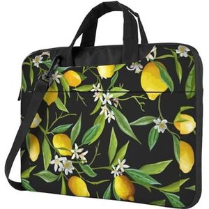 CXPDD Laptoptas met citroen- en bloemenprint, veelzijdige laptoptas voor dames en heren - laptopschoudertas, Zwart, 13 inch