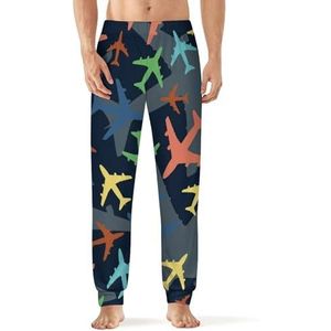 Kleurrijke vliegtuigjes heren pyjama broek zachte lange pyjama broek elastische nachtkleding broek L