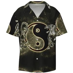 Yin Yang Dragon Tiger Print Heren Overhemden Atletisch Slim Fit Korte Mouw Casual Business Button Down Shirt, Zwart, 4XL