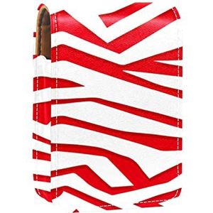 Rode en witte Zebra Print Achtergrond Draagbare Lipstick Case voor reizen, Mini Lipstick Opbergdoos met spiegel voor vrouwen dames, Lederen Cosmetische Pouch, Meerkleurig, 9.5x2x7 cm/3.7x0.8x2.7 in
