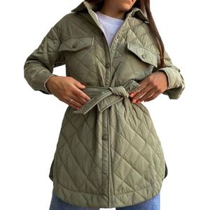 Lichtgewicht Gewatteerde Jas for Dames, Ruitpatroon, Knoopsluiting, Oversized Jas Met Riem(Army green,XL)