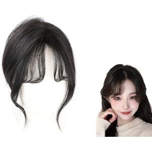Clip In Bangs 100% Echt Menselijk Haar Toppers for Vrouwen 360° 3D Cover Top Haarstuk Gebogen Bangs Haarextensies Met Tempels 6 * 8cm Zijden Basis Toupetje for Dagelijks Gebruik(Black)