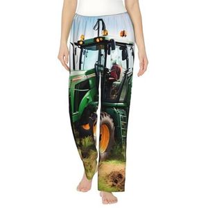 Company Farm Tractor Print Dames Zachte Polyester Lounge Pyjama Broek - Losse Comfortabele Slaap Joggingbroek met Zakken, Zwart, S
