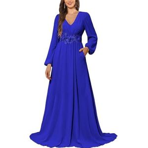KURFACE Bruidsmeisjesjurk met lange mouwen en zakken, kanten applicatie, chiffon, moederjurk van de bruid, koningsblauw, 32