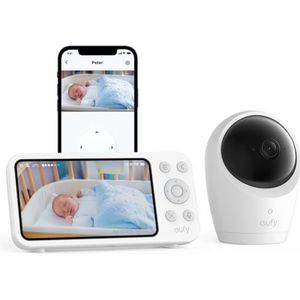 Eufy Babyfoon met camera E20, 2K HD app- en offline bediening, ultrahelder nachtzicht, 4 x zoom, mobiele camera met geïntegreerde accu, ANR, slimme alarmen, wifi-aan/uit-schakelaar (gereviseerd)