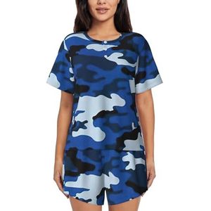 YQxwJL Blauwe Camo Print Vrouwen Pyjama Sets Shorts Korte Mouw Lounge Sets Nachtkleding Casual Pjs Met Zakken, Zwart, L
