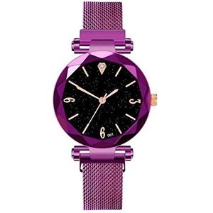 Nieuwe Luxe Vrouwen Diamond horloges Mesh Magnet Buckle Sterrenhemel Ladies Geometric Quartz polshorloge for vrouwen (Color : Purple)