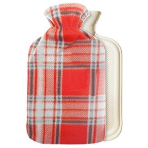 CityComfort Warmwaterkruik met prachtige fleeceprint Zachte hoes Premium natuurrubber Warmwaterzak van 2 liter - zorgt voor warmte en comfort (rood en grijs geruit)