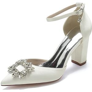 EICOFF Dames Hoge Chunky Blokhak Pumps Gesloten Puntige Teen Strass Enkelband Feestjurk Bruiloft Bruidsschoenen,ivoor,35 EU