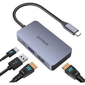 USB-C hub, SUTOUG docking station, 4-in-1 USB-C adapter met twee 4K HDMI poorten, 100 W power delivery poort, USBA 3.0 5 Gbps datapoort