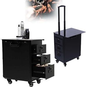 Professionele Tattoo Kar Met 3 La-des En Verstelbaar Werkstation, Mobiele Make-up Artist Koffer Met Wielen En Combinatieslot, Salon Opbergbox 42x28x53cm Zwart