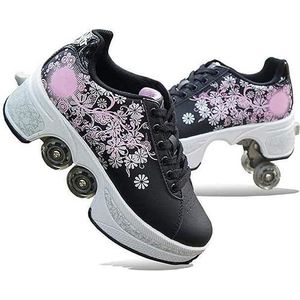 AXUIUVXZ Hardloopschoenen met wieltjes, gymschoenen, intrekbare technische skateboardschoenen, modieuze skateboardschoenen, rolschaatsen, outdoor-training, kinderen, tieners, Black Pink Flower, 41 EU
