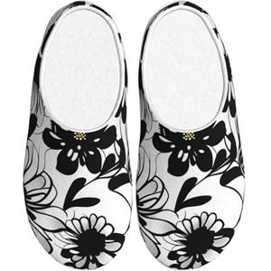 EdWal Zwart Wit Bloemen Print Winter Warme Slippers Indoor Anti-slip Pluche Slippers Ontspannen Thuis Voor Vrouwen Mannen, Zwart, 37.5 EU