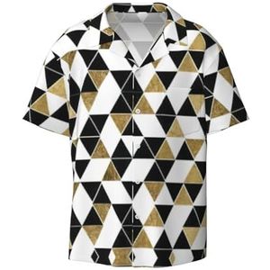 YJxoZH Mode Moderne Zwart Wit Goud Driehoeken Print Heren Jurk Shirts Casual Button Down Korte Mouw Zomer Strand Shirt Vakantie Shirts, Zwart, 4XL