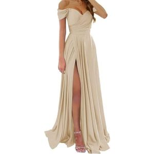 BRIGOW Satijnen bruidsmeisjesjurk voor dames, met split, galajurken, plooien, cocktailjurk, grote maten, Champagne, 32