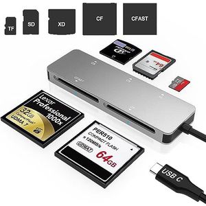 CFast 2.0 kaartlezer, USB 3.0 USB C CF/SD/TF/XD aluminium geheugenkaartsleuf combo-adapter, lees 5 kaarten tegelijkertijd Hoge snelheid multi-camera kaartlezer voor Type-C apparaat Ondersteunt Windows