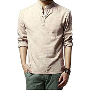 Hoerev Heren Casual Lange Mouw Linnen Strand Shirts,Beige,M