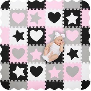 Humbi Puzzelmat EVA-schuim voor baby's en kinderen kruipmat speelmat fitnessmat 31,5 x 31,5 cm box 95 x 95 cm (sterren en hartjes/roze grijs)