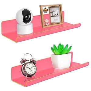 Zwevende acryl wandplanken， Acryl Lange Zwevende Boekenplanken Aan De Muur Gemonteerd Set van 2, Aan De Muur Hangende Boekenplanken Display Planken, Kamerdecoratie Zwevende Wandplanken(Neon Pink,12 In