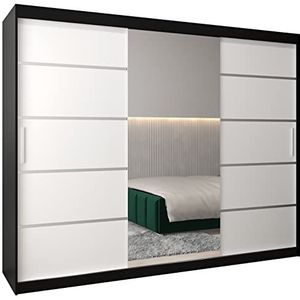 MEBLE KRYSPOL Verona 2 250 slaapkamerkast met DRIE schuifdeuren, spiegel, kledingroede en planken - 250x200x62cm - mat zwart + mat wit