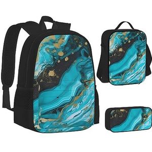 BONDIJ Xmas Grappige kabouters rugzakken voor school met lunchbox etui, waterbestendige tas voor jongens meisjes leraar geschenken, Turquoise Blauw Goud Marmer, Eén maat
