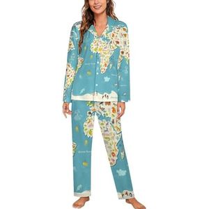 Animal World Map Vrouwen Lange Mouw Button Down Nachtkleding Zachte Nachtkleding Lounge Pyjama Set XL