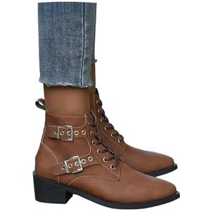 Dames Elegante Chelsea Enkellaarsjes Met Blokhak PU Leren Bikerbooties Met Gesp Damesmode Puntige Neus Enkelschoenen Casual Korte Veterlaarzen(Brown,43 EU)