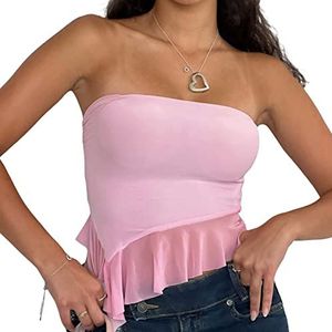 SMIMGO kanten rand buis tank crop tops rugloos doorschijnend mesh vest top mouwloos Y2K hemdje tanktop esthetisch kant patchwork vesten streetwear (kleurE roze maatS)