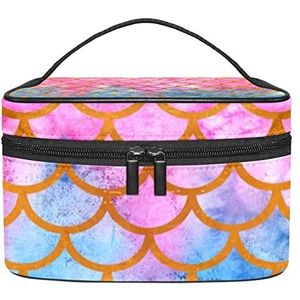Roze Blauwe Zeemeermin Schaal Patroon Make-up Organizer Bag, Reizen Make-up Tas Organizer Case Draagbare Cosmetische Tas Voor Vrouwen en Meisjes Toiletartikelen, Meerkleurig, 22.5x15x13.8cm/8.9x5.9x5.4in