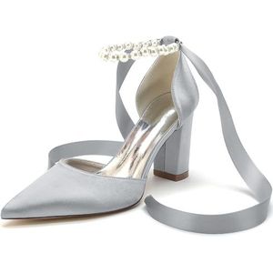 EICOFF Vrouwen Parel Trouwschoenen voor Bruid Hoge Hakken Puntige Teen Blok Hak Satijn Bruiloft Bruids Pompen Jurk Party Sandalen,Zilver,35 EU