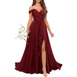 Chiffon bruidsmeisjesjurken voor dames, met split, lange baljurken, cocktailjurken, grote maten, Bordeaux, 32