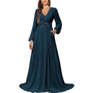 KURFACE Bruidsmeisjesjurk met lange mouwen en zakken, kanten applicatie, chiffon, moederjurk van de bruid, Pauw, 32