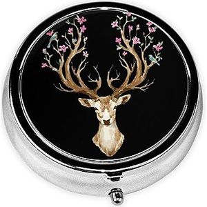 Pillendoos Herten Gewei Ronde Pil Case 3 Compartiment Geneeskunde Pil Organizer Leuke Pil Organizer Draagbare Reizen Pillbox Geneeskunde Vitamine Kabeljauw Leverolie Opbergdoos Unieke Gift Organizer