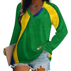 Voetbal Met Braziliaanse Nationale Vlag Vrouwen Casual Lange Mouw T-shirts V-hals Gedrukt Grafische Blouses Tee Tops 2XL