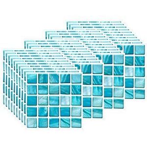 FBBULES 40Pcs PVC Tegelstickers, Zelfklevend Wandtegelstickers Wallpaper Waterdichte Muurstickers Tegelfolie Mozaïek Stickers voor Badkamer en Keuken Hemelsblauw (10 x 10 cm / 4 x 4 inch)