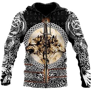 Viking-Kleding Set Voor Heren, 3D Print Noorse Mythologie Animal Wolf Tattoo Graphic, Casual Sport Streetwear,Zipped hoodie,XL