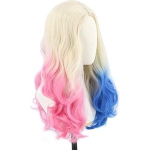 Harley Quinn Wig Long Wavy Blonde met roze blauwe synthetische pruikcosplay Harley Hairstyle Pruik for Halloween Xinduolei