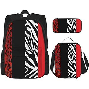 TOMPPY Rode Luipaard en Zebra Dierlijke Gedrukte Rugzak Met Lunch Bag Potlood Case, 3 in 1 Rugzak Set, Zwart, Eén maat, Schooltas Set