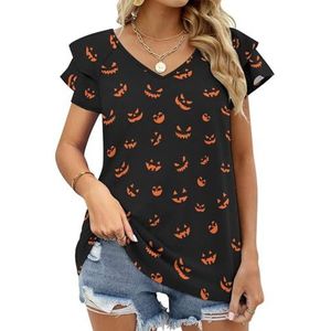Pumpkins Faces Graphic Blouse Top Voor Vrouwen V-hals Tuniek Top Korte Mouw Volant T-shirt Grappig