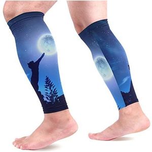 EZIOLY Cat Catching Moon Sport Kalf Compressie Mouwen Been Compressie Sokken Kalf Guard voor hardlopen, fietsen, moederschap, reizen, verpleegkundigen
