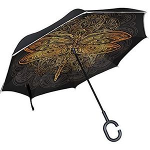 RXYY Winddicht Dubbellaags Vouwen Omgekeerde Paraplu Etnische Vogel Libelle Zwart Waterdichte Reverse Paraplu voor Regenbescherming Auto Reizen Outdoor Mannen Vrouwen