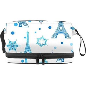 Make-up tas - grote capaciteit reizen cosmetische tas, blauwe aquarel Eiffeltoren sneeuwvlok, Meerkleurig, 27x15x14 cm/10.6x5.9x5.5 in