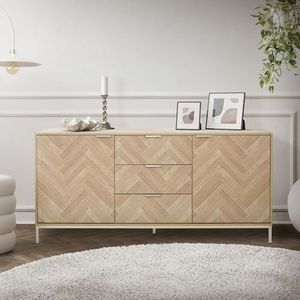 ML-Design dressoir 160x75,5x40 cm, eiken look met visgraatmotief, goud metalen frame, ladekast met 2 deuren en 3 laden, dressoir met 5 poten, opbergkast voor keuken en woonkamer