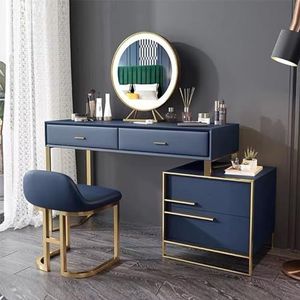 Vanity Set kaptafel met spiegel en verlichting, luxe lederen make-up kaptafel, vrouwen dressoir tafel met 4 grote capaciteit laden en krukken voor slaapkamers en make-up kamers (maat: 100 cm, kleur: