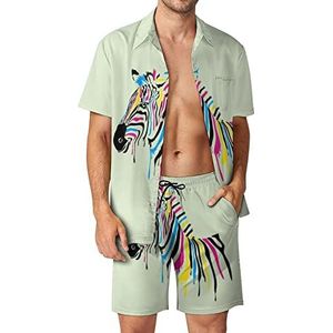 Geschilderde Zebra Art Hawaiiaanse bijpassende set voor heren, 2-delige outfits, button-down shirts en shorts voor strandvakantie