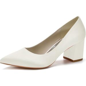 HFWXYSA Dames Chunky Blok Hak Bruids Pompen Puntige Teen Slip op Klassieke Geklede Schoenen voor Bureau Bruiloft Werkavond,ivoor,35 EU