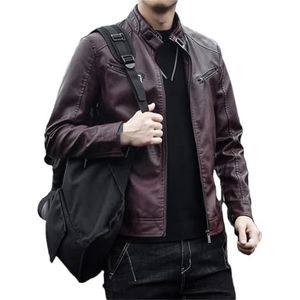 YTR6TW Mannen Herfst Mode Casual Stand Kraag Slanke PU Lederen Jas Mannen Motorfiets Effen Kleur Lederen Jas, Bordeaux, M