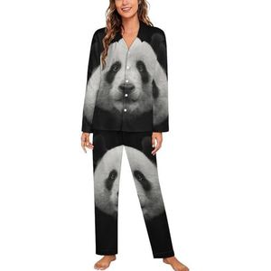 Panda Beer Gezicht op Zwarte Lange Mouw Pyjama Sets voor Vrouwen Klassieke Nachtkleding Nachtkleding Zachte Pjs Lounge Sets