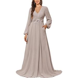 KURFACE Bruidsmeisjesjurk met lange mouwen en zakken, kanten applicatie, chiffon, moederjurk van de bruid, Taupe, 44