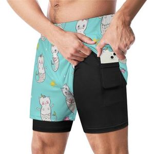 Kat zeemeermin grappige zwembroek met compressie voering & zak voor mannen board zwemmen sport shorts